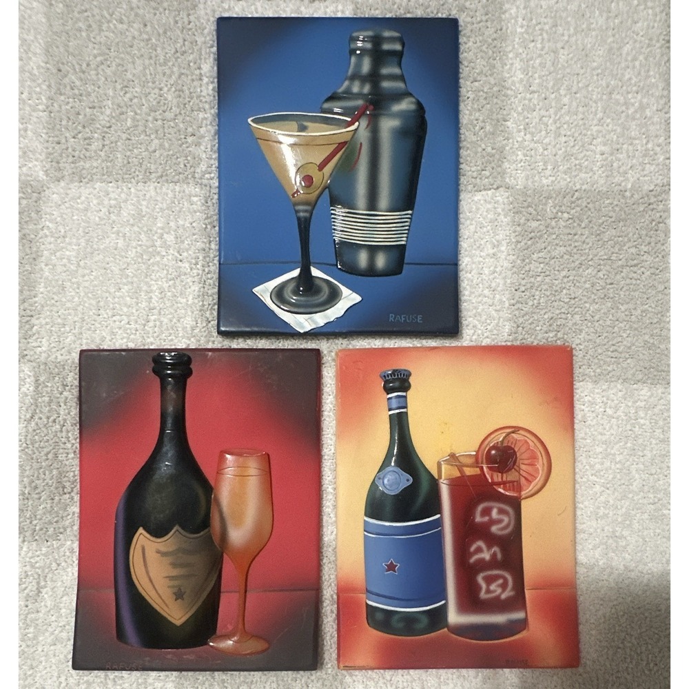 VINTAGE Cocktail & Bottle Wall Art  Set of 3 by WILL RAFUSE, Signed